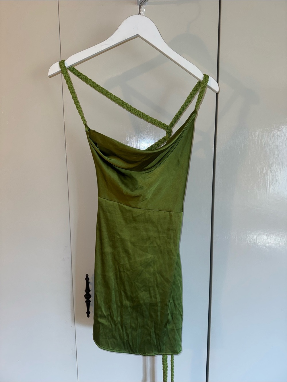 Green Silky Backless Mini Dress with Braided Straps